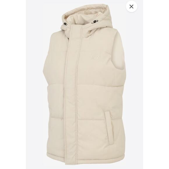 New Balance Puffer Vest Zip Jacket Hooded Beige Mens Poly Windbreaker Sz M - Picture 1 of 6
